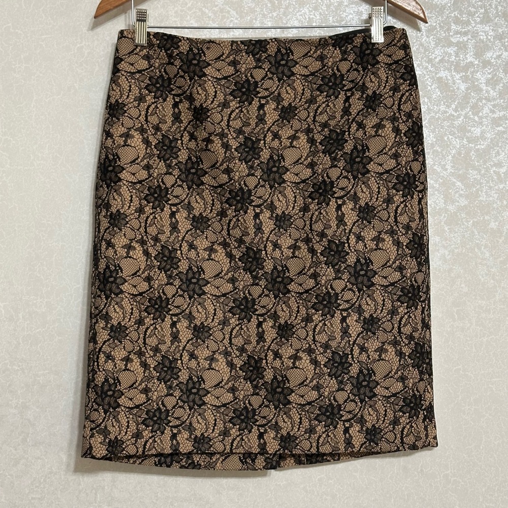 Talbots Black Floral Lace Overlay‎ Tan Pencil Skirt Knee Length Elegant Sz 10